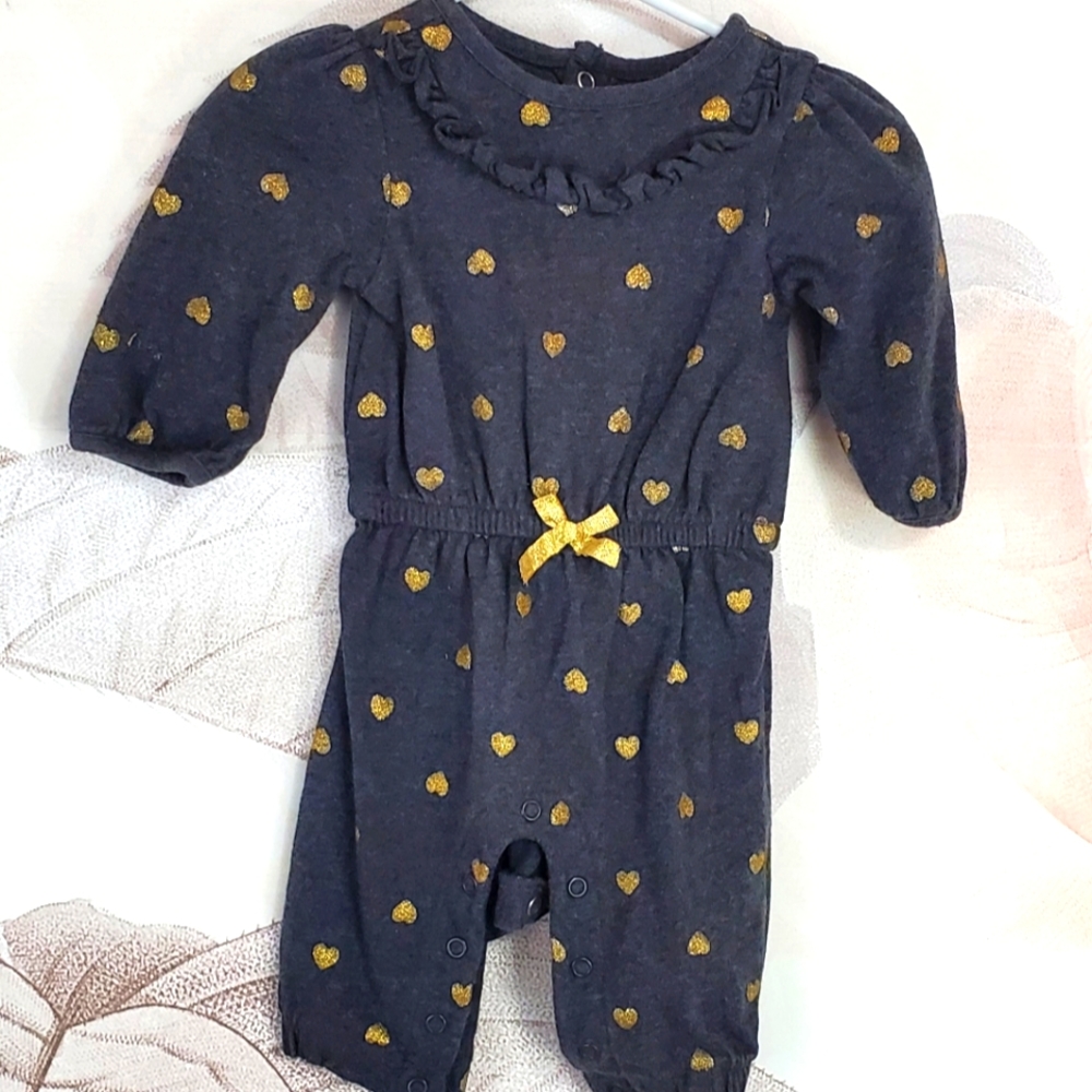 Carter's girls 3 month romper long sleeved with gold hearts gold bow